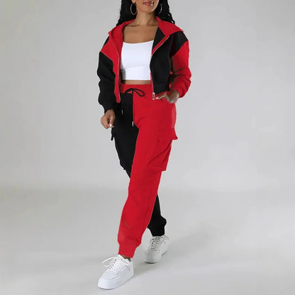 Women Loose Autumn Winter Two Pieces Suit Matching Sets Hoodie Tracksuit Blocked Zipper Short Outerwear Drawstring Cargo Pants