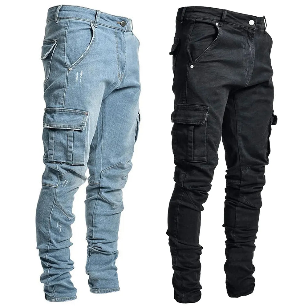 Street Elastic Jeans Men Denim Cargo Pants Wash Solid Color Multi 