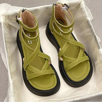 Thick Heel Women Sandals Women's New Hollow Open Toe Shoes Fashion Casual Sandals Female Designer Flat Roman Shoes Summer 2025