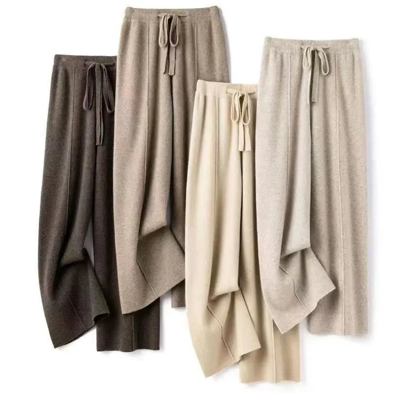 Women Merino Wool Knitted Wide Leg Pants Autumn Winter Basic Soft Warm Cashmere Knit Trousers Casual Simple Style Korean