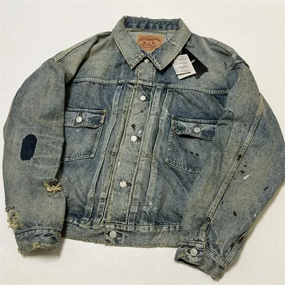 24ss Oversized SAINT MICHAEL Denim Jackets Women 1:1 Top Quality Washed Damaged Jackets Men Clothing