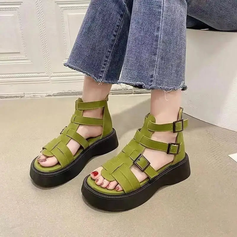 Thick Heel Women Sandals Women's New Hollow Open Toe Shoes Fashion Casual Sandals Female Designer Flat Roman Shoes Summer 2024