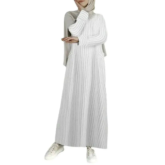 Streetwear Plus Size Vintage Long Sleeve Striped Cotton Linen Dress