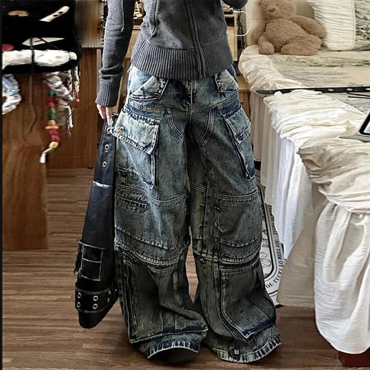 Stylish High Street Multi-Pocket High Waist Jeans Cargo Pants Women American Vintage Wide Leg Jeans Harajuku Hip Hop Y2k Jeans