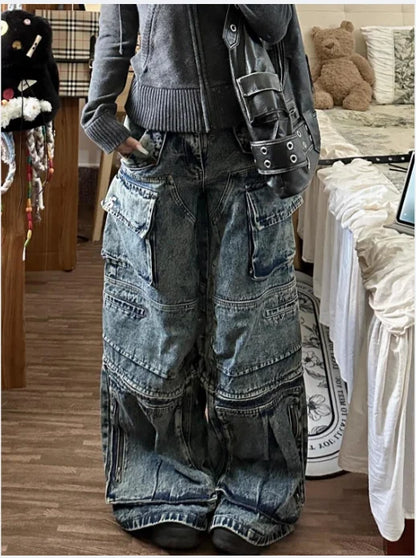 Stylish High Street Multi-Pocket High Waist Jeans Cargo Pants Women American Vintage Wide Leg Jeans Harajuku Hip Hop Y2k Jeans