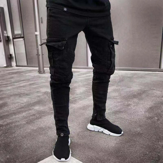 Fashion Streetwear Ripped Skinny Jeans Men Side Mulit Pockets Denim