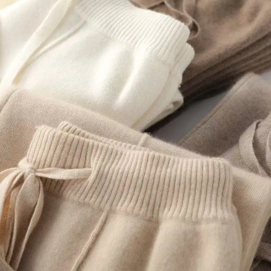 Women Merino Wool Knitted Wide Leg Pants Autumn Winter Basic Soft Warm Cashmere Knit Trousers Casual Simple Style Korean