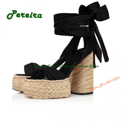 Woven Platform Lace Up Sandals Open Toe Chunky Heeled Women's Sandals Slingback Orange Patchwork 2023 New Design Luxury Shoes