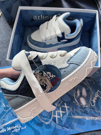 2024 Spring New Thick-Soled All-Match Casual Sneakers Female Couple National Trend Niche Denim Blue Couple Bread Shoes Male