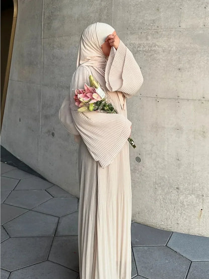 Robe musulmane de l'Aïd pour femmes, manches évasées plissées, caftan, robes islamiques, robe longue arabe, Ramadan, Maroc, Dubaï, Abayas 2024