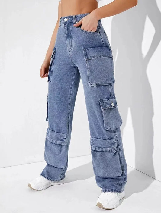 Pantalon de travail décontracté pour femme, jean ample minimaliste et personnalisé à poches multiples, pantalon de travail tendance pour les déplacements quotidiens