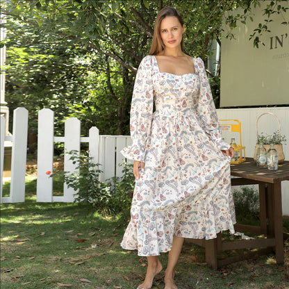 Robe imprimée à manches longues et col carré pour femme